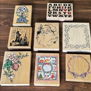 Lot of 8 Assorted Wooden Rubber Stamps birdhouse flowers Christmas ABCs & NYC
